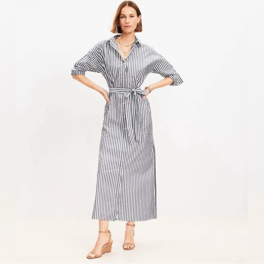 LOFT Light Blue Striped Poplin Belted Pocket Shirtdress